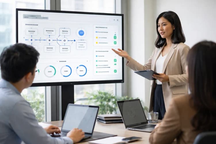 Ilustrasi dashboard HR dengan visualisasi proses onboarding yang terpantau secara real-time, termasuk status verifikasi KTP, NPWP, dan akses sistem internal