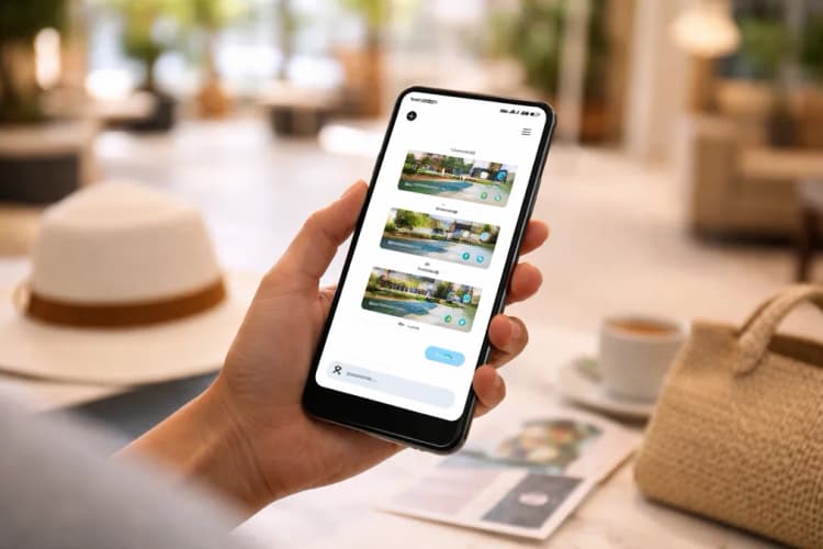 Ilustrasi layar ponsel Android menampilkan chat Gemini dengan tiga rekomendasi hotel di Bali, disertai ikon kolam renang, WiFi, dan notifikasi diskon waktu nyata