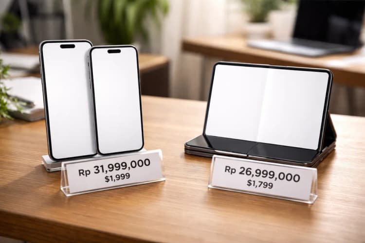 Ilustrasi perbandingan visual iPhone Duo dan Samsung Galaxy Z Fold5 di atas meja kayu, dengan label harga dalam rupiah dan USD terlihat jelas