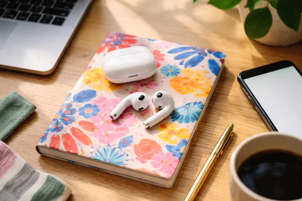 AirPods and notebook setup: Kamera di AirPods Belum Jadi Kenyataan — dan Itu Kabar Baik