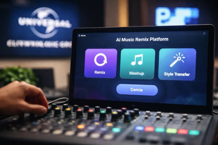 Ilustrasi antarmuka platform AI remix musik dengan tombol 'Remix', 'Mashup', dan 'Style Transfer', latar belakangnya logo UMG dan ElevenLabs