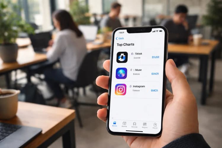 Ilustrasi layar ponsel iPhone menampilkan App Store dengan Muse di posisi kedua, di samping ikon TikTok dan Instagram, dengan latar belakang ruang kerja startup di Jakarta