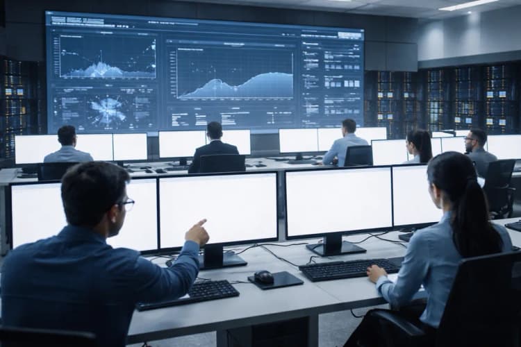 Ilustrasi ruang kontrol pusat data telekomunikasi dengan antarmuka dashboard berbasis AI yang menampilkan grafik deteksi anomali jaringan dan rekomendasi tindakan otomatis