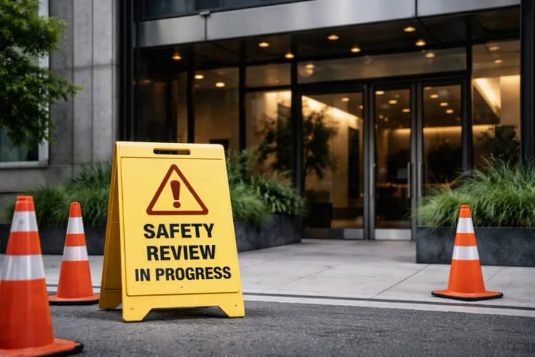 Ilustrasi gedung kantor OpenAI di San Francisco dengan papan 'Safety Review in Progress' di depan pintu masuk