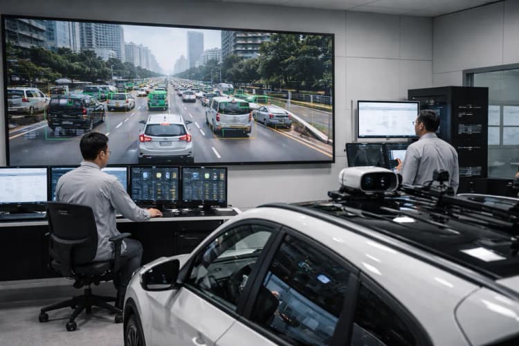 Ilustrasi laboratorium pengujian ADAS Hyundai di Batam, dengan layar menampilkan simulasi lalu lintas Jakarta dan sensor kamera berlabel 'Mobileye EyeQ6'