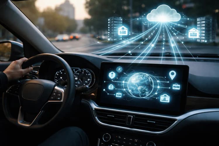 Ilustrasi dashboard mobil modern dengan ikon data, garis aliran informasi ke server cloud, dan logo perusahaan asuransi serta biro kredit