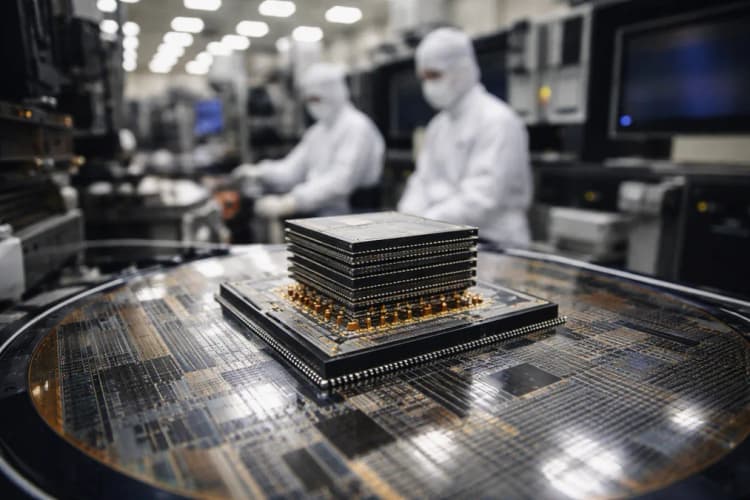 Ilustrasi fabrikasi chip HBM3 di fasilitas SK hynix di Icheon, Korea Selatan, dengan fokus pada tumpukan vertikal memori dan koneksi interposer