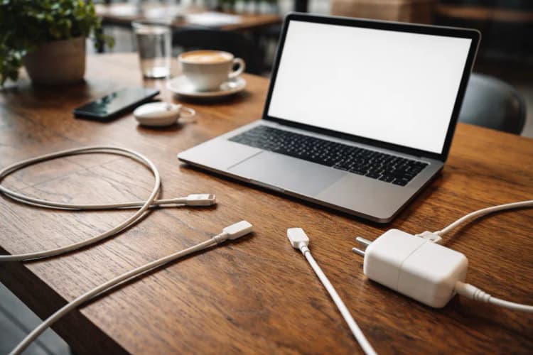 Ilustrasi meja kerja di kafe urban Jakarta dengan tiga kabel berbeda — USB-C, MagSafe, dan kabel AC — saling bersilangan di lantai kayu