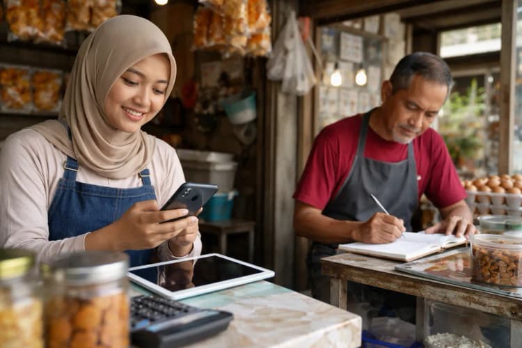 Ilustrasi perbandingan dua kelompok UMKM: satu menggunakan smartphone dan aplikasi keuangan, satunya lagi mencatat transaksi di buku tulis di warung kecil