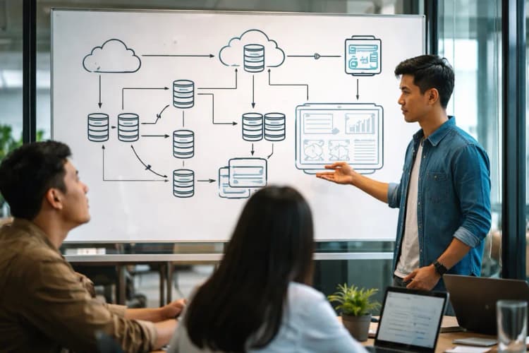 Ilustrasi arsitektur Temporal dengan diagram alur workflow antara microservice, database, dan dashboard monitoring