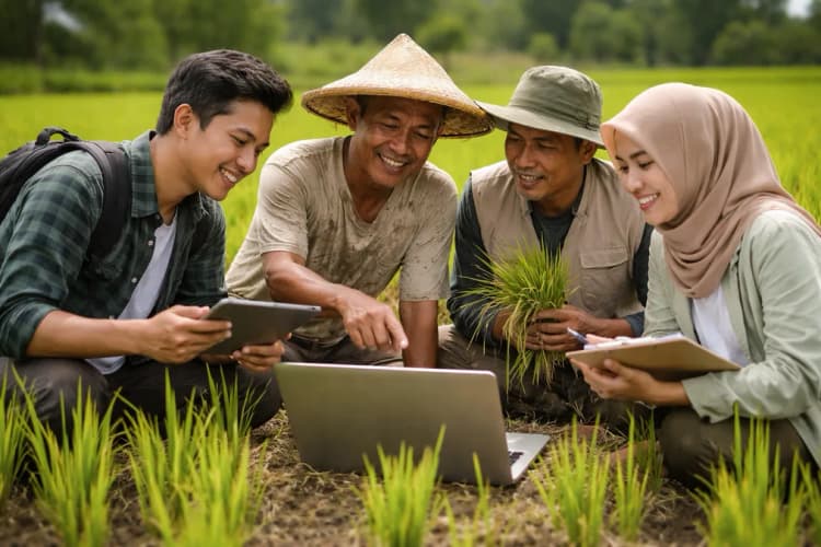 Ilustrasi kolaborasi tim startup lokal dengan petani dan penyuluh di lahan sawah, dengan laptop terbuka menampilkan antarmuka aplikasi sederhana
