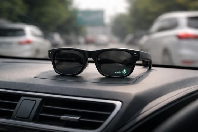 Ilustrasi kacamata Meta Display diletakkan di dashboard mobil dengan indikator 'Audio Only Active' menyala di sudut kanan bawah layar