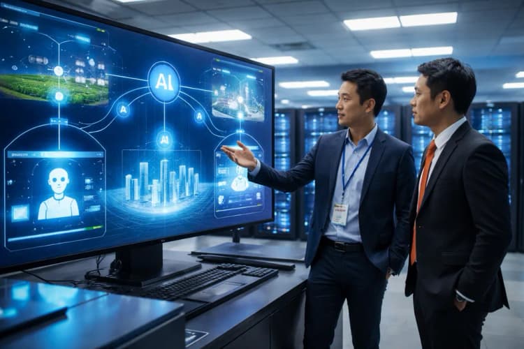 Ilustrasi pusat data 5G dengan antarmuka dashboard AI yang menampilkan visualisasi aliran data dari sensor pertanian, kota cerdas, dan layanan pelanggan