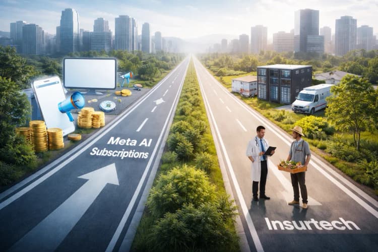 Ilustrasi dua jalur paralel: satu berlabel 'Meta AI Subscriptions' dengan ikon iklan dan koin digital, jalur lain berlabel 'Insurtech Lokal' dengan ikon server lokal, dokter, dan petani