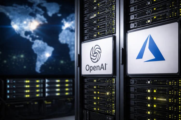Ilustrasi server rack dengan logo OpenAI dan Microsoft Azure berdampingan, latar belakang peta dunia dengan titik cahaya di AS, Jerman, dan Singapura