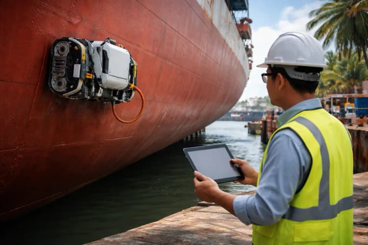 Ilustrasi robot magnetik menempel di lambung kapal baja di dermaga tropis, dengan teknisi lokal mengamati layar tablet