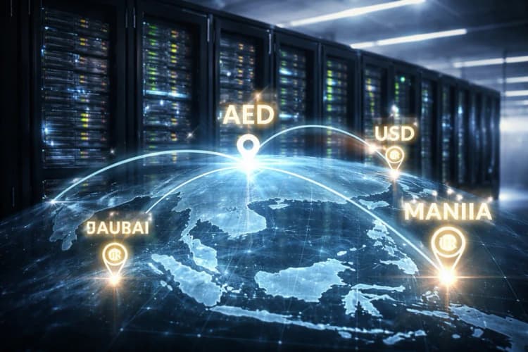 Ilustrasi server Fasset di Dubai dengan peta koneksi ke Jakarta, Manila, dan Kuala Lumpur, serta ikon mata uang AED, USD, dan IDR