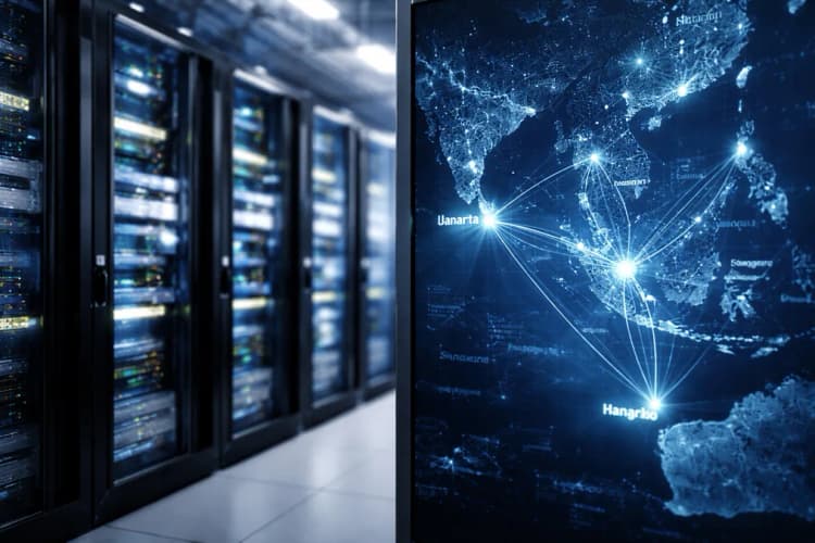 Ilustrasi server rack dengan logo GLM dan peta Asia Tenggara yang menunjukkan koneksi ke Jakarta, Singapura, dan Bangkok