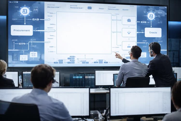 Ilustrasi ruang kontrol operasional logistik dengan layar dashboard real-time yang menampilkan alur proses procurement, disertai ikon AI dan integrasi SAP/Oracle