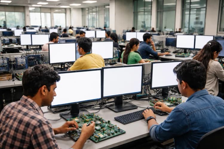 Ilustrasi laboratorium desain chip di kampus IIT dengan mahasiswa sedang bekerja di workstation EDA