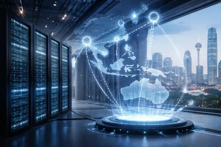 Ilustrasi server pusat Dtcpay di Singapura dengan diagram alur data real-time menuju ikon negara-negara Asia Tenggara, termasuk Indonesia dengan garis putus-putus