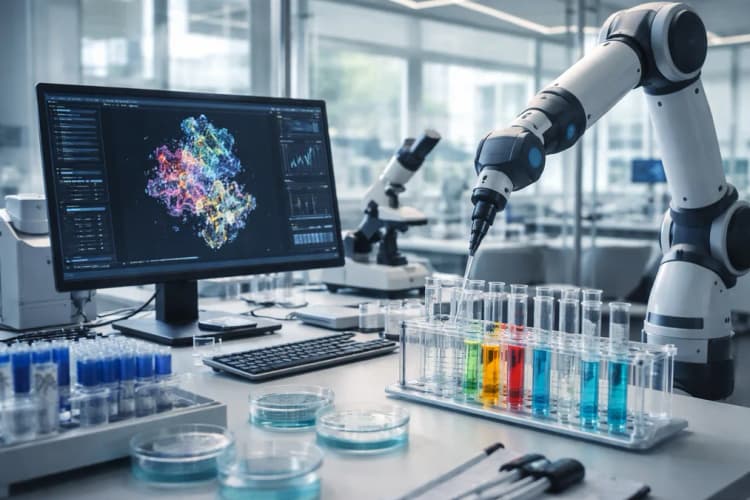 Ilustrasi laboratorium biologi modern dengan robot lengan otomatis, rak tabung reaksi berlabel kode genetik, dan layar monitor menampilkan visualisasi struktur protein yang dihasilkan oleh model AI