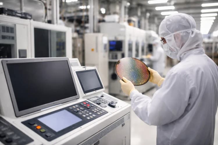 Ilustrasi fasilitas produksi Solidigm di Hillsboro, Oregon, dengan panel kontrol digital dan teknisi memeriksa wafer NAND 232-layer