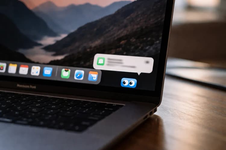 Ilustrasi layar macOS dengan notifikasi iMessage muncul di pojok kanan bawah, sementara ikon Muse terlihat di dock dengan animasi 'mata kecil' mengarah ke notifikasi tersebut