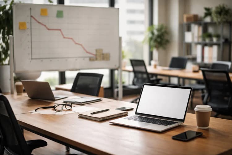 Ilustrasi kantor startup modern dengan meja kerja kosong dan laptop terbuka, latar belakang papan whiteboard berisi grafik penurunan cash runway