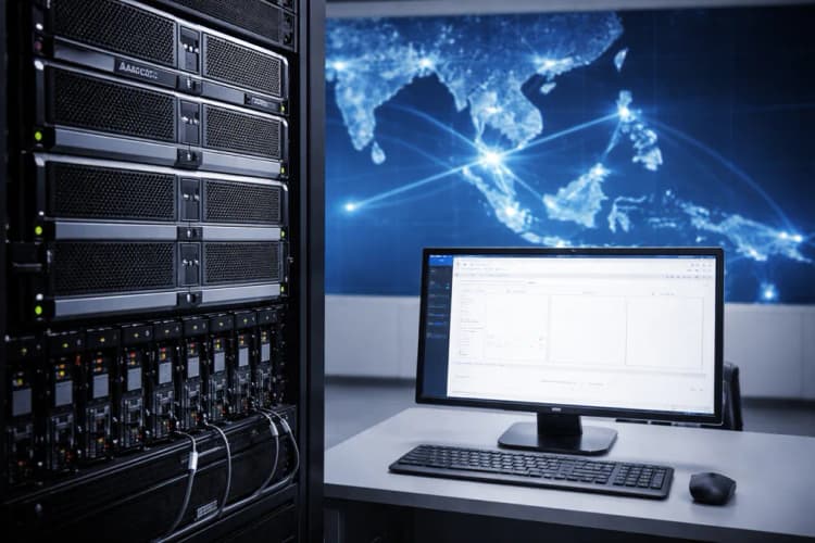 Ilustrasi server rack Huawei Ascend dengan panel kontrol berbasis web interface, latar belakang peta Asia Tenggara dengan titik-titik akses di Jakarta, Singapura, dan Bandung