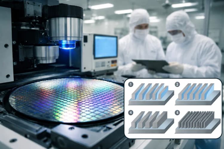 Ilustrasi fabrikasi chip memori dengan diagram sederhana empat tahap quadruple patterning di atas wafer silikon