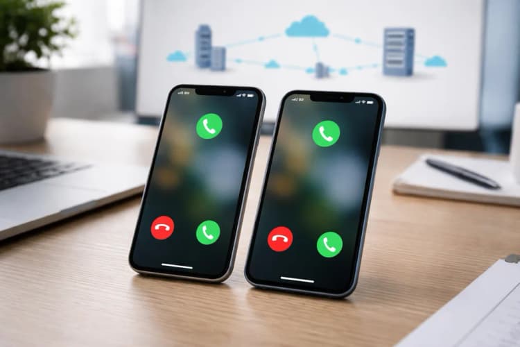 Ilustrasi dua iPhone berdampingan di atas meja kantor, dengan ikon panggilan masuk muncul di layar keduanya, latar belakang jaringan seluler berupa diagram sederhana dengan simbol server dan garis koneksi biru