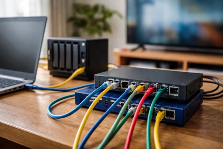 Ilustrasi meja kerja rumahan dengan switch Ethernet berlabel TP-Link dan Netgear, kabel berwarna-warni terhubung ke laptop, NAS, dan smart TV