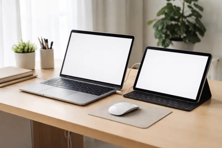 Ilustrasi meja kerja minimalis dengan MacBook, iPad di sampingnya dalam mode Sidecar, dan kabel pengisi daya yang terselip rapi di bawah meja