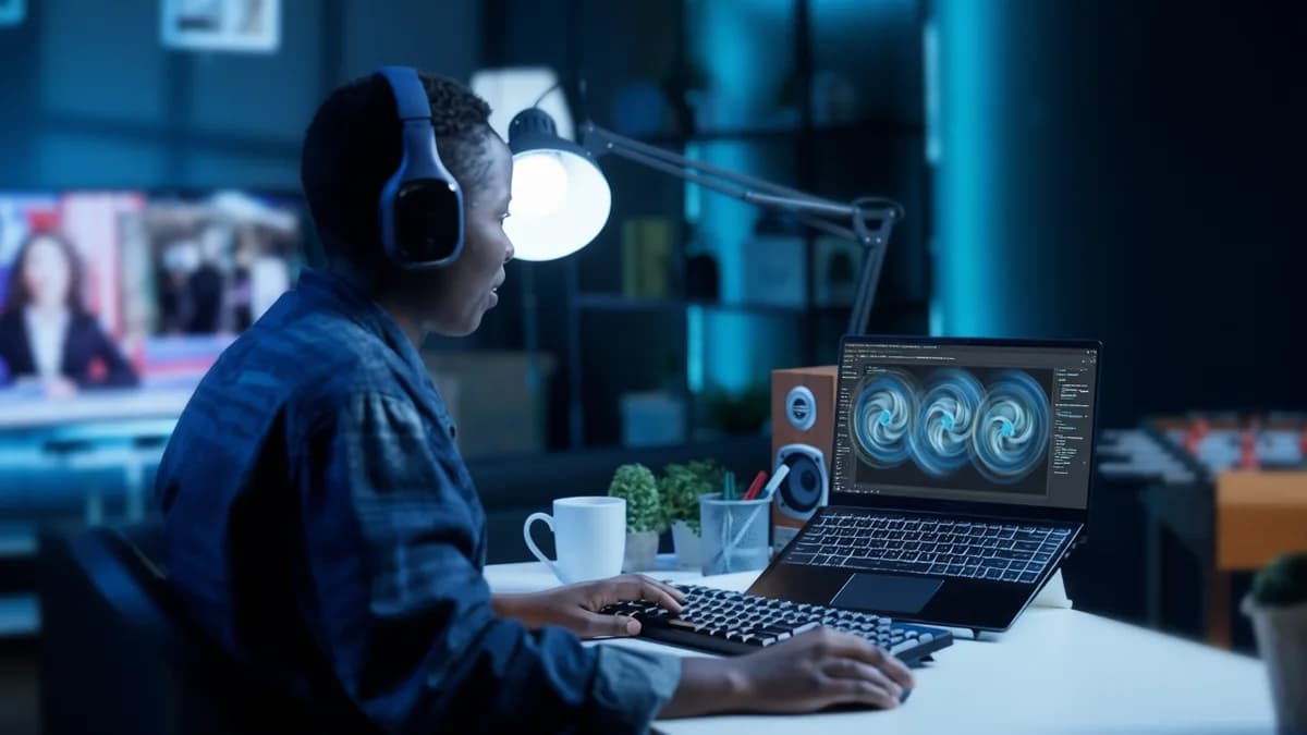 Person using laptop with headphones: Kenapa Kipas Laptop Makin Berisik di Era AI?