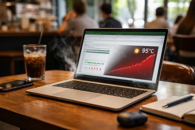 Ilustrasi laptop di atas meja kafe Jakarta dengan suhu udara 34°C terlihat di layar monitor, sementara grafik suhu CPU naik tajam saat fitur 'Smart Fill' di Excel aktif