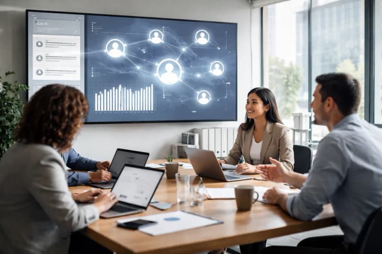 Ilustrasi ruang kerja tim sales dengan layar dashboard berisi grafik retention rate, notifikasi real-time dari CRM, dan ikon agen AI yang saling terhubung melalui garis aliran data
