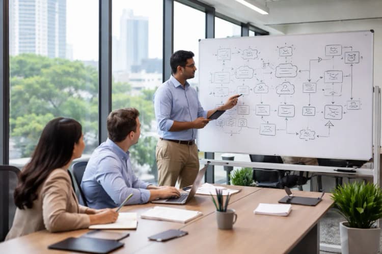 Ilustrasi kantor modern di Bengaluru dengan logo Delvitech dan papan tulis berisi diagram alur AI compliance