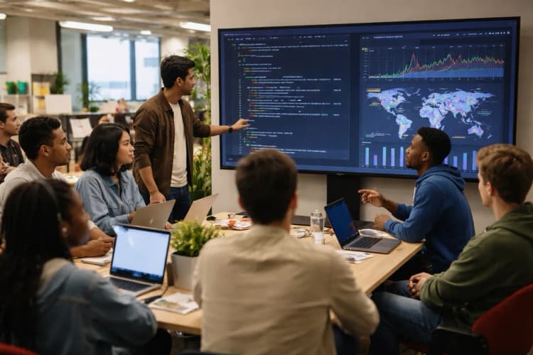 Ilustrasi ruang kolaborasi teknis dengan layar besar menampilkan kode Python dan visualisasi data real-time, dikelilingi peserta muda beragam latar belakang etnis dan usia