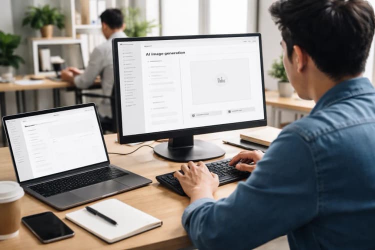 Ilustrasi antarmuka web developer sedang mengintegrasikan API HunYuan Image ke dalam dashboard e-commerce berbahasa Indonesia