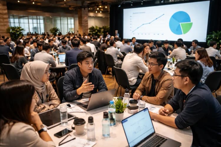 Ilustrasi ruang konferensi TechCrunch Founder Summit dengan layar digital menampilkan grafik unit economics dan peserta berdiskusi di meja bundar