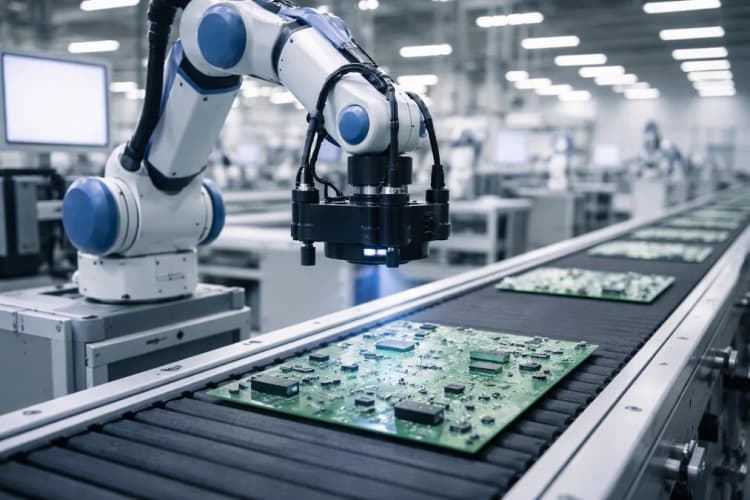 Ilustrasi fasilitas produksi Tacta di Jurong Innovation District dengan robot inspeksi sedang memindai panel PCB di atas conveyor belt