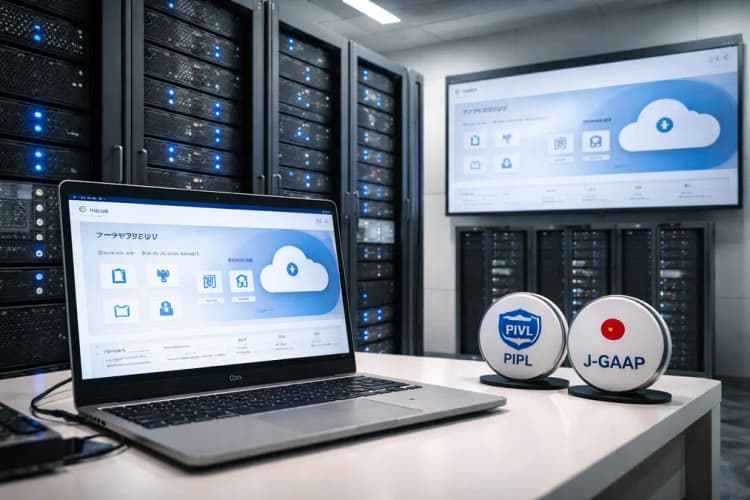 Ilustrasi server Oracle Cloud dengan antarmuka berbahasa Jepang dan ikon regulasi lokal seperti logo PIPL dan J-GAAP