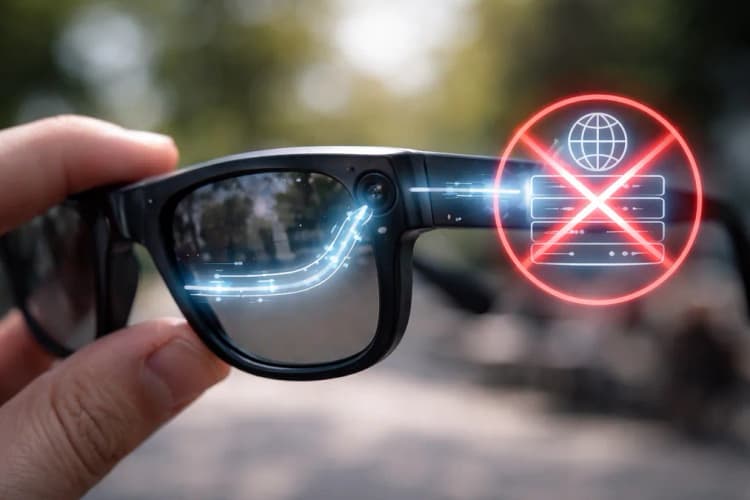 Ilustrasi kacamata Ray-Ban Stories dengan overlay transparan menunjukkan jalur data dari lensa ke ikon server global dan tanda silang merah di atasnya