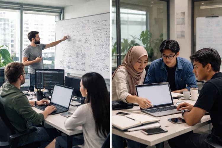 Ilustrasi perbandingan dua laboratorium: satu di Tel Aviv dengan papan whiteboard penuh arsitektur cloud security, satunya di Jakarta dengan tim kecil di depan laptop dan dokumentasi UU PDP terbuka di layar