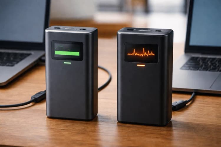 Ilustrasi perbandingan dua power bank: satu dengan label 'PD3.0 Certified' dan indikator voltase stabil, satunya lagi dengan stiker 'USB-C Only' dan grafik tegangan berfluktuasi