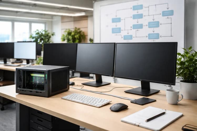 Ilustrasi workstation AI di kantor startup Beijing dengan tiga layar monitor, GPU RTX PRO 5500 terpasang di casing server mini, dan diagram alur fine-tuning model bahasa kecil di latar belakang