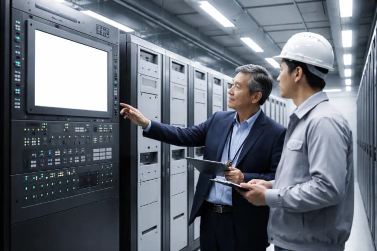 Ilustrasi fasilitas data center modern di Korea Selatan dengan panel kontrol digital dan sistem UPS modular