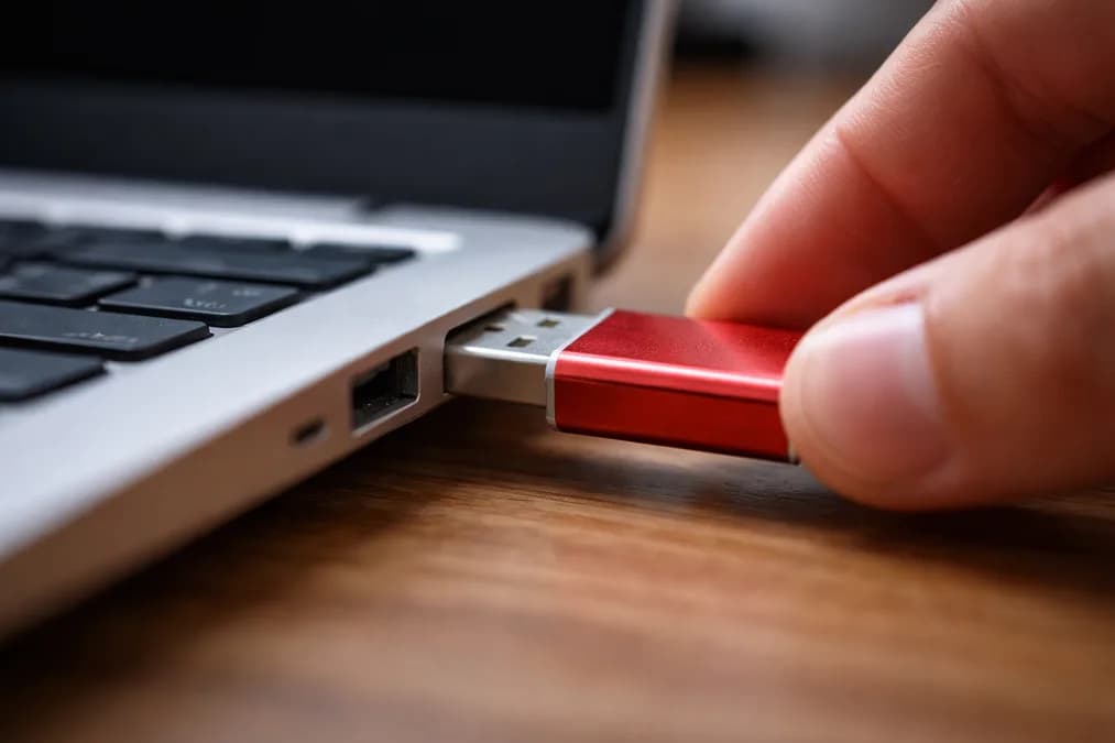 USB drive being inserted: Mengapa Cabut Hardisk Eksternal Tanpa 'Eject' Masih Berbahaya di Era AI