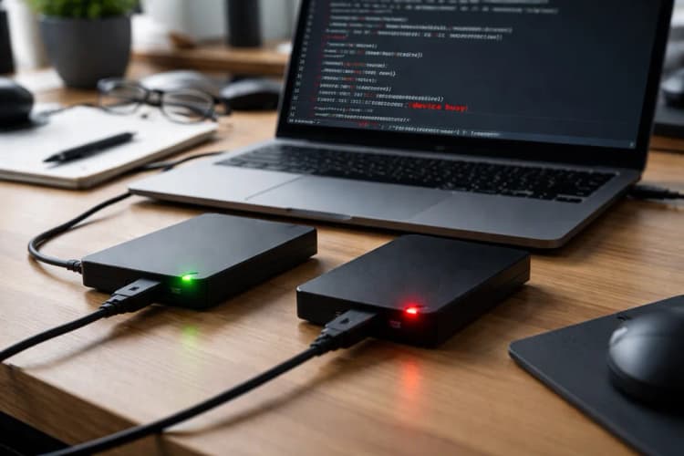 Ilustrasi meja kerja developer dengan dua hardisk eksternal, satu bercahaya hijau (eject sukses), satu berkedip merah (cabut paksa), serta layar terminal menampilkan pesan 'device busy'